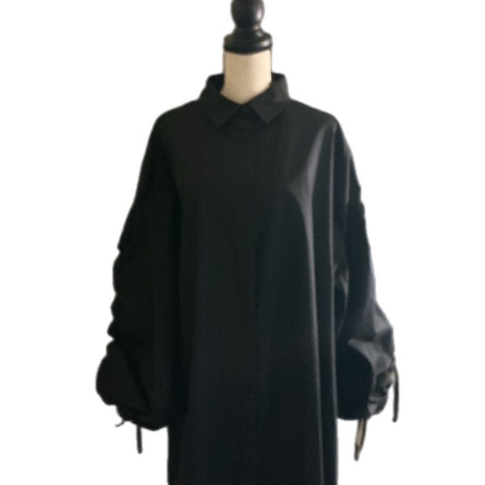 NWT Boohoo Black Oversized Button-Up Shirt Size 16 Ruched Drawstring Sleeve